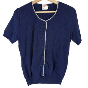 Vintage 70's Navy Blue Double Knit Top Short Sleeve Size Small
